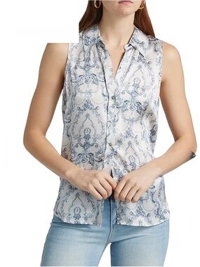 L’Agence Emmy Silk Sleeveless Button-Front Printed Shirt Blue/White size S